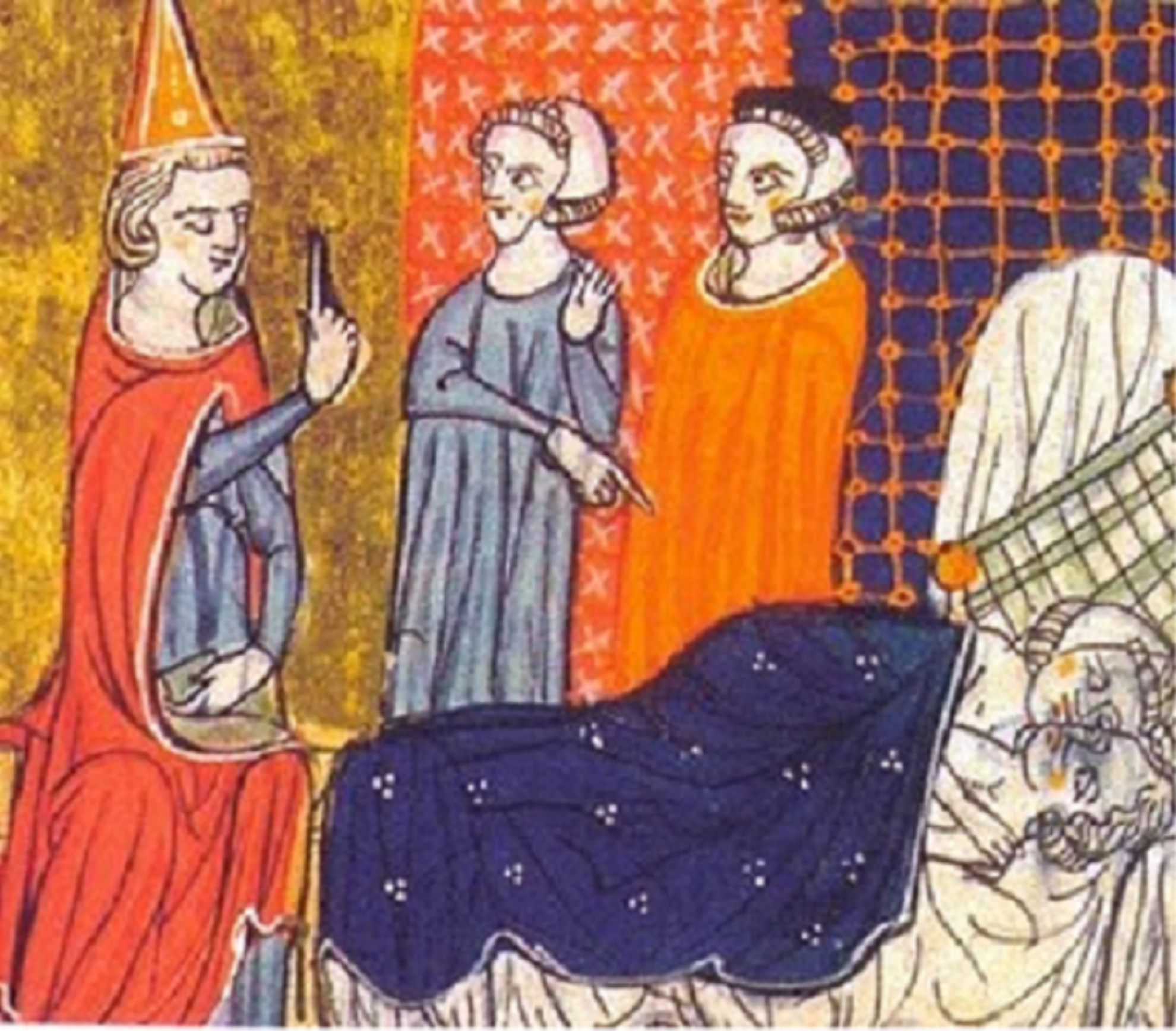 Miniatura que representa a Pere y Maria engendrando el futuro Jaume I. Font Arxiu de la Corona de Aragón