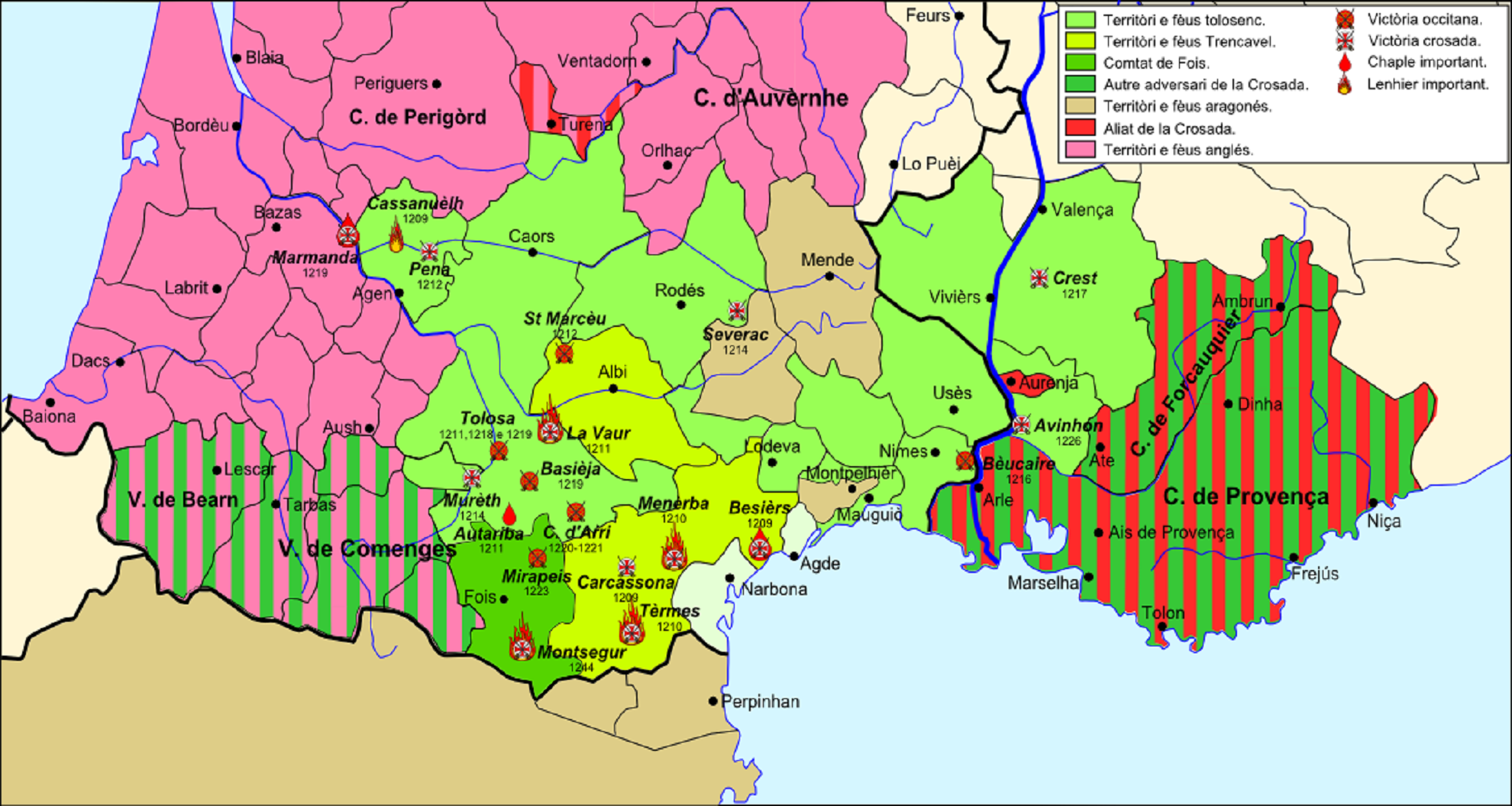 Mapa político de Occitania y de los dominios Trencavell a principios del siglo XIII. Font Wikiwand