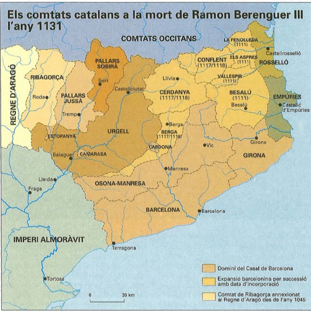 Mapa de los condados catalanes (siglo XII). Font Enciclopedia