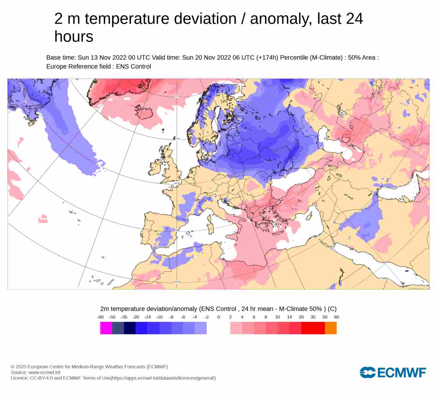 Los colores azules indican temperaturas más bajas de lo que tocaría. ¡El próximo fin de semana será muy frío! / Fuente: ECMWF