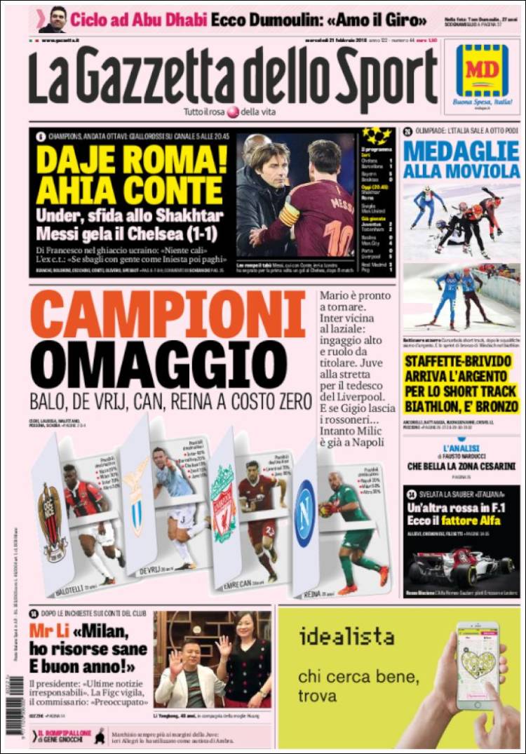 Gazzetta dello Sport Portada 21 02 2018