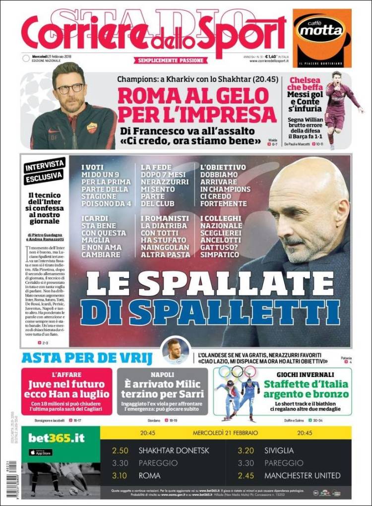 Corriere dello Sport Portada 21 02 2018