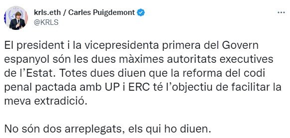 Missatge de Carles Puigdemont a Twitter