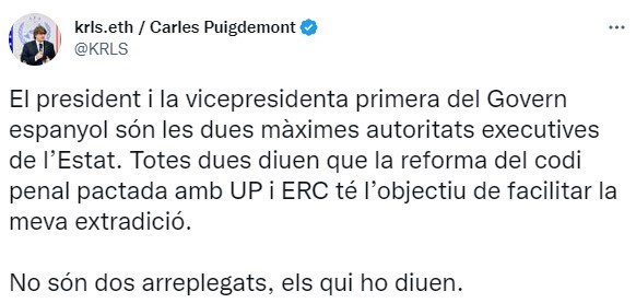 Missatge de Carles Puigdemont a Twitter Missatge de Carles Puigdemont a Twitter