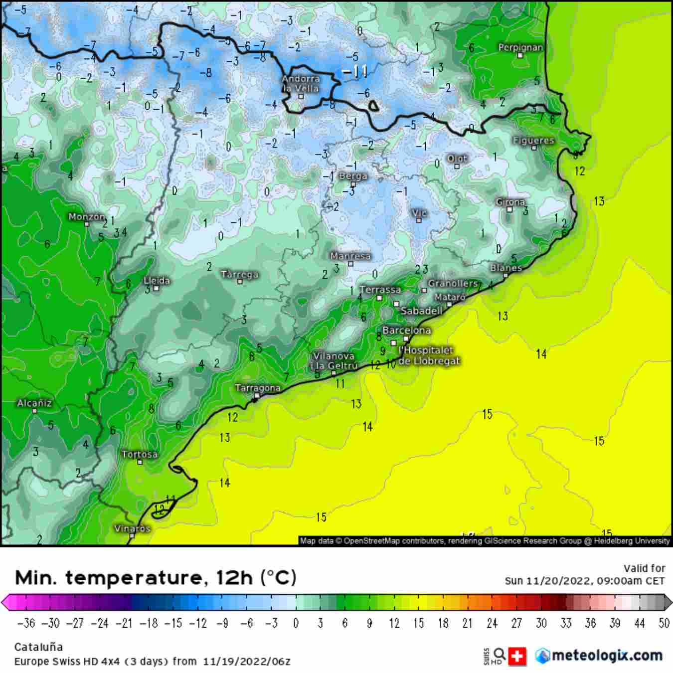 Primeres glaçades importants i extenses a Catalunya. Diumenge de molt de fred matinal! / FONT: www.meteologix.com Europe Swiss HD 4x4