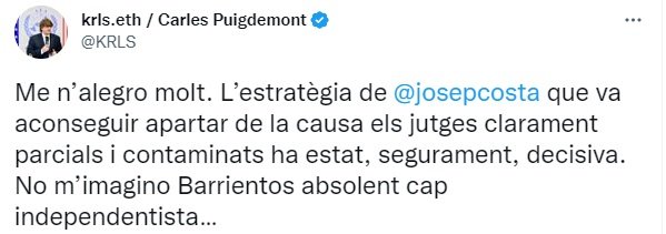 TUIT Carles Puigdemont absolución de la Mesa del Parlamento