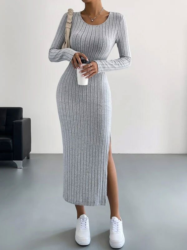Felegant Vestido ajustado unicolor de muslo con abertura Felegant Vestido ajustado unicolor de muslo con abertura