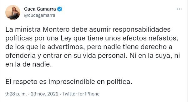 tweet Cuca Gamarra sobre Irene Montero