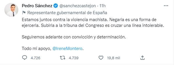 tweet Pedro Sanchez sobre Montero