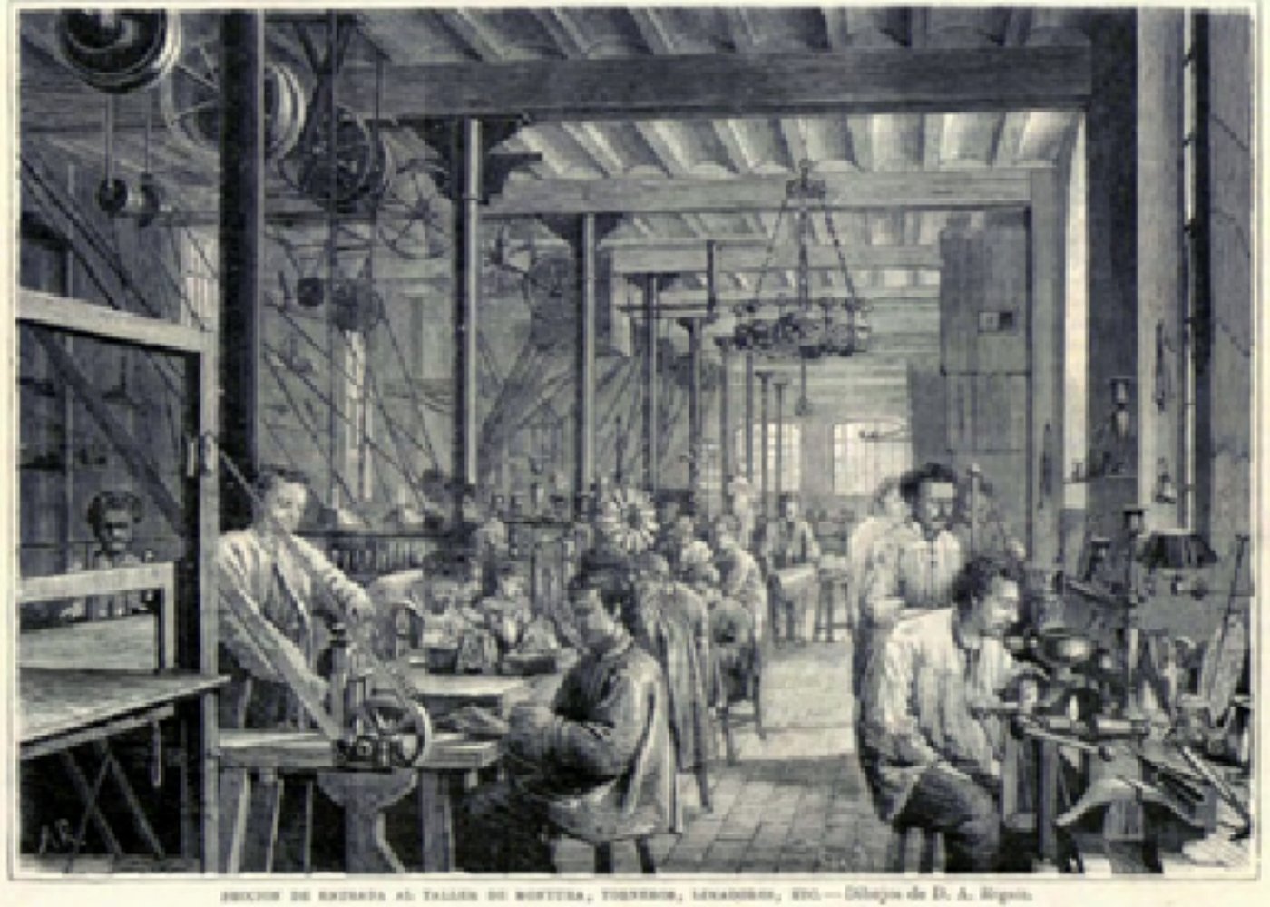 Representación de una fábrica de Barcelona (principios del siglo XIX). Fuente Wikimedia Commons