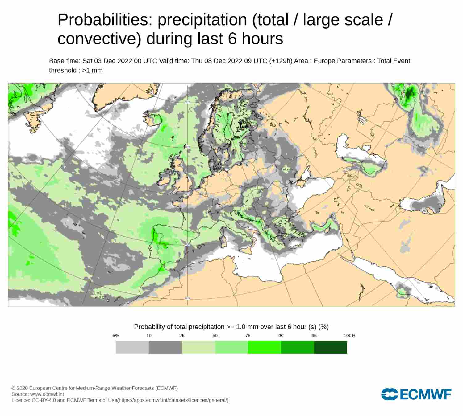 La probabilitat de pluja augmenta el 8 de desembre amb inestabilitat entrant per l'oest de la Península / ECMWF