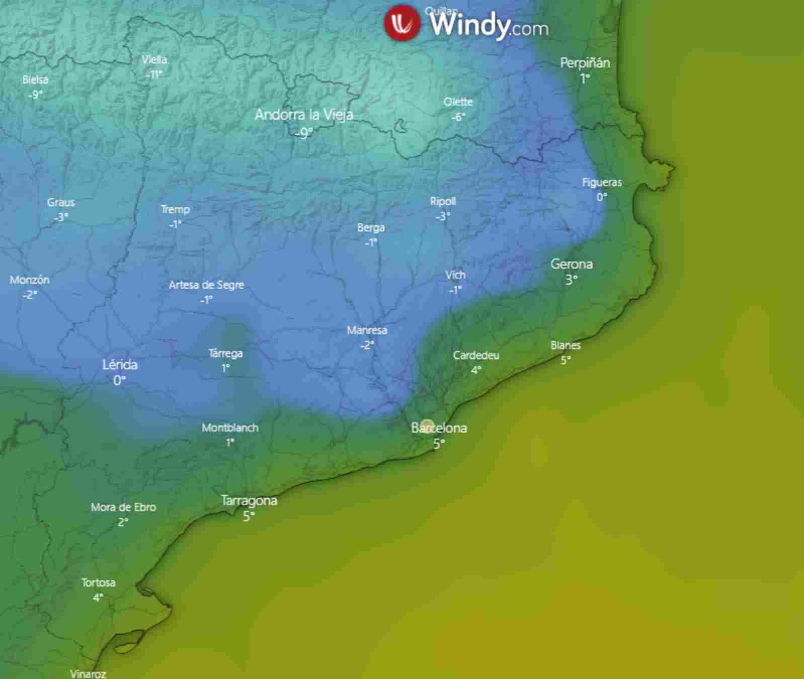 Dilluns farà molt de fred  glaçarà a quasi tota Catalunya / WINDY ECMWF