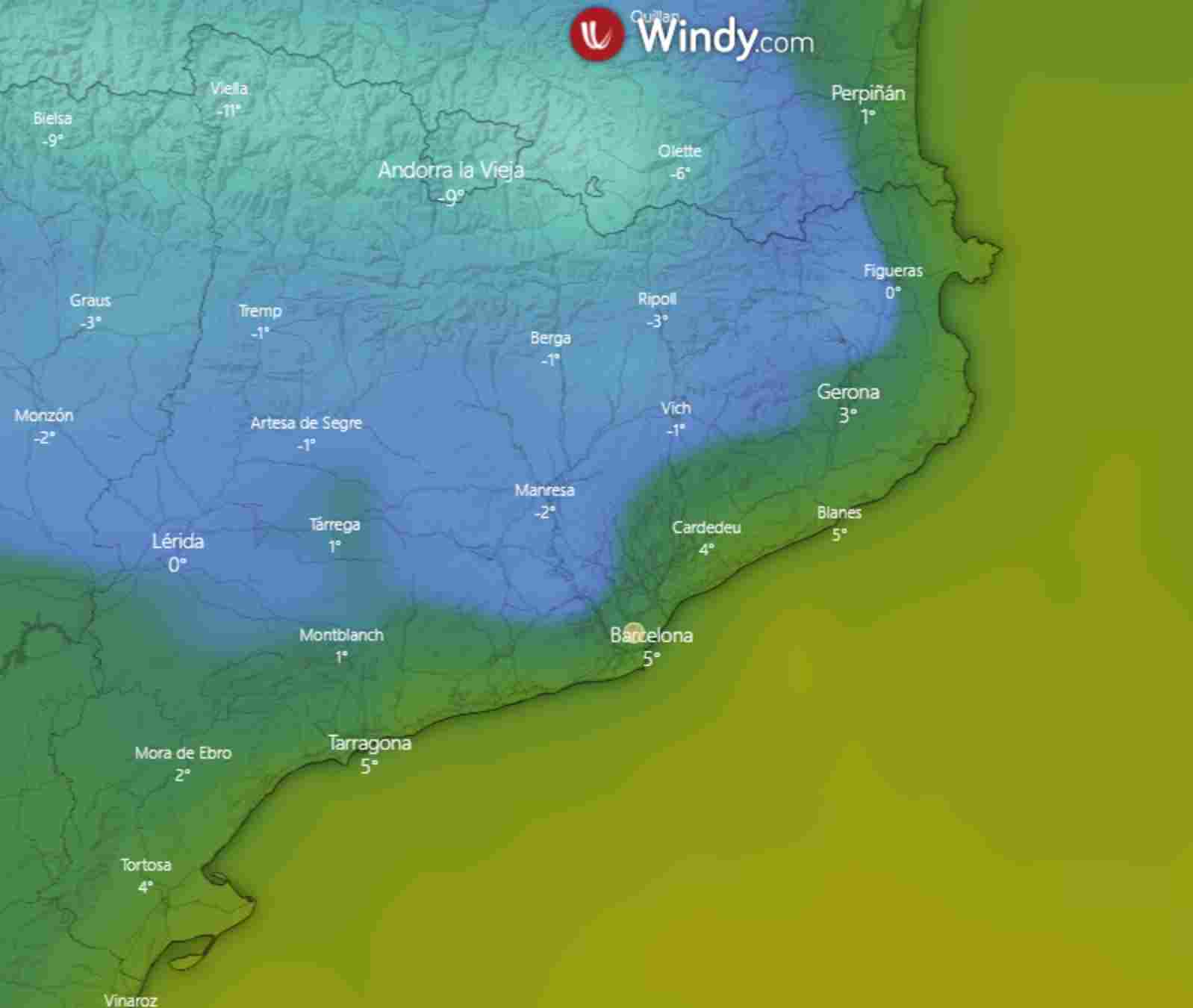 El lunes hará mucho de frío helará a casi toda Catalunya / WINDY ECMWF