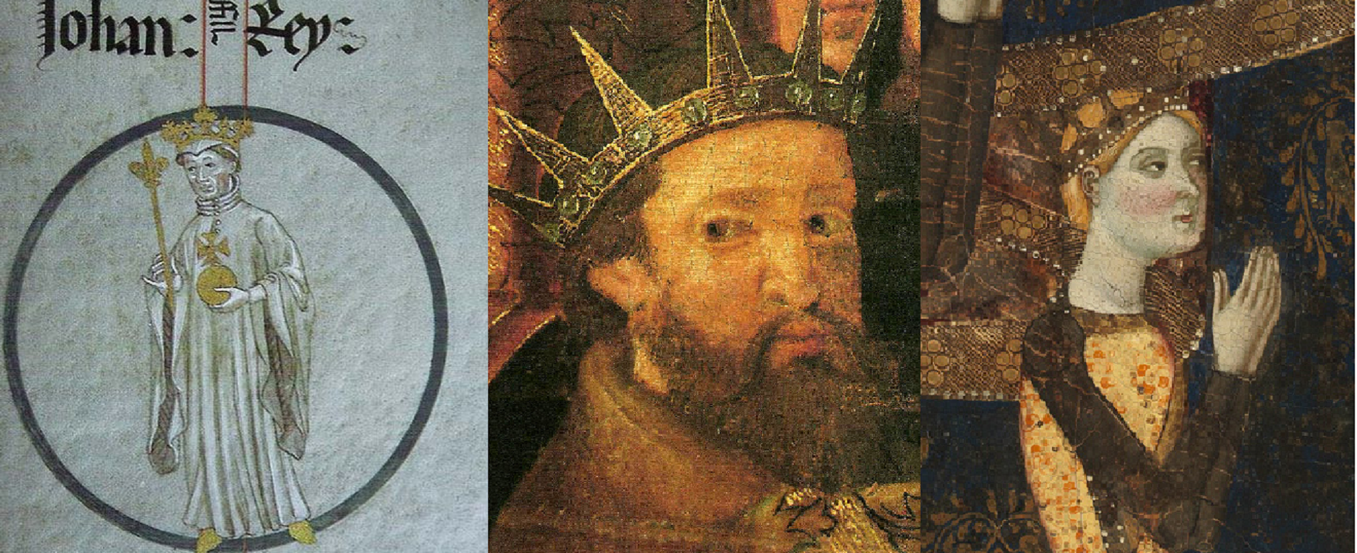 Joan I, Martí I, i Joan de Castella  germanastres i cunyat de Constança. Font Rotlle de Poblet, MNAC i Museu del Prado
