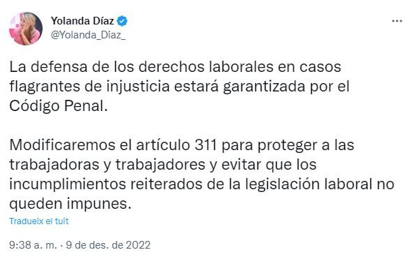 Tuit Yolanda Diaz modificacio código penal derechos laborales