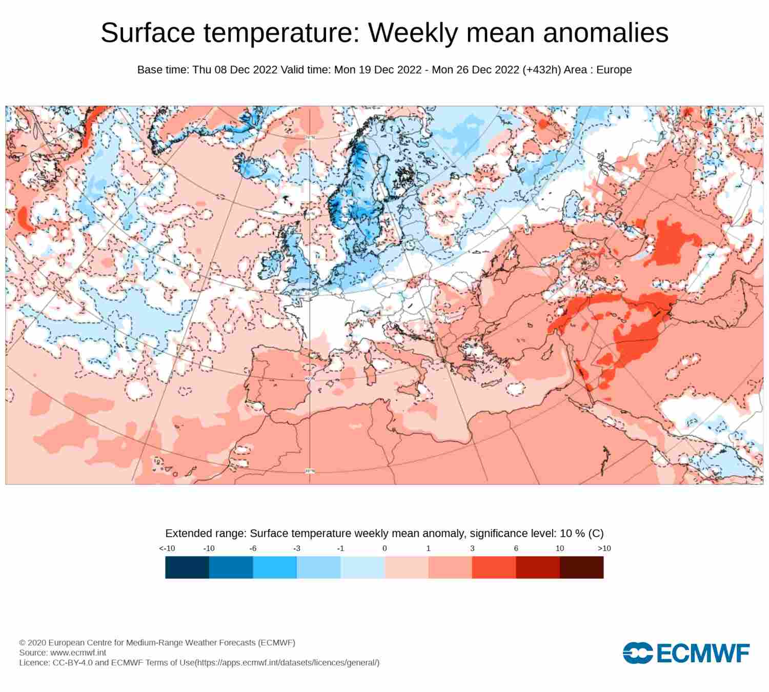 Los colores rojos indican que la temperatura será más alta para|por Navidad de lo que tocaría por|para nuestro clima / ECMWF