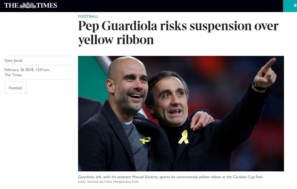 The Times Pep Guardiola yellow bow Capture screen