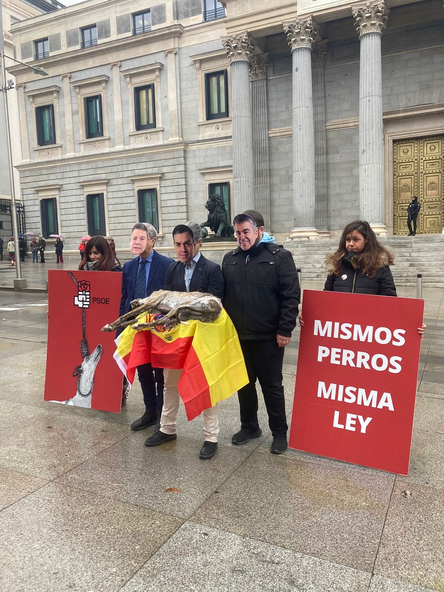 Animalistas presionan al PSOE por la ley de bienestar animal con un galgo muerto en el Congreso