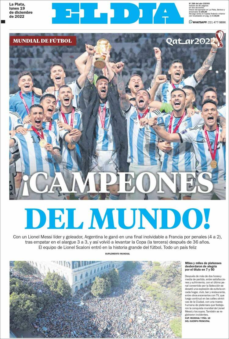 El Dia Portada Mundial Qatar 2022 Argentina Leo Messi 19 12 2022