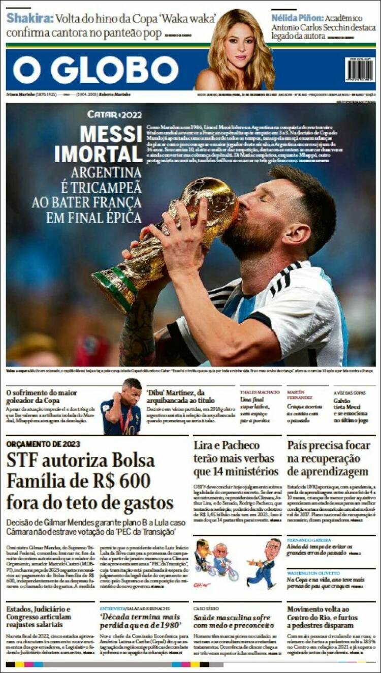 O Globo Portada Mundial Qatar 2022 Argentina Leo Messi 19 12 2022