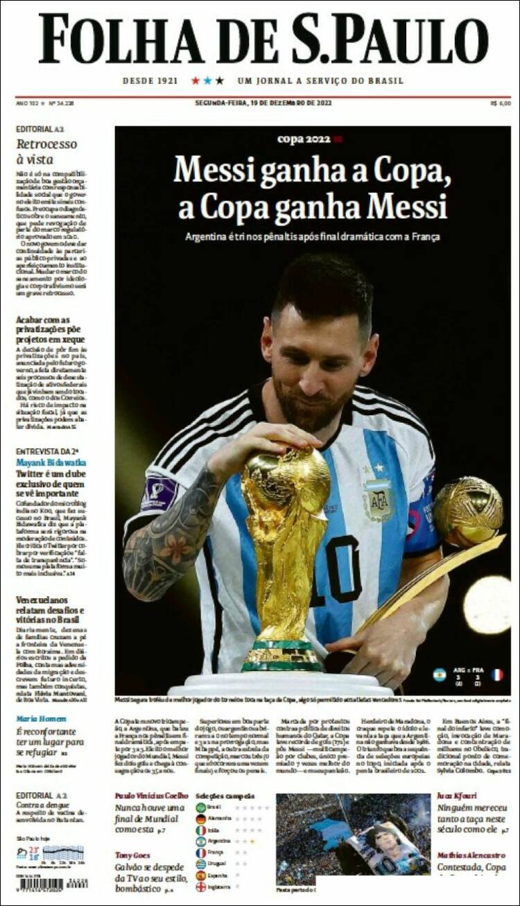 Folha de Sao Paulo Portada Mundial Qatar 2022 Argentina Leo Messi 19 12 2022