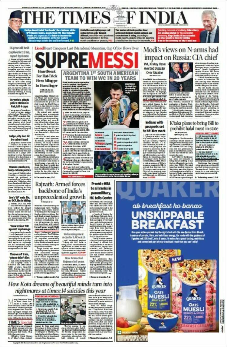 The Times of India Portada Mundial Qatar 2022 Argentina Leo Messi 19 12 2022