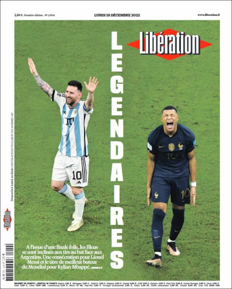 Liberation Portada Mundial Qatar 2022 Argentina Leo Messi 19 12 2022