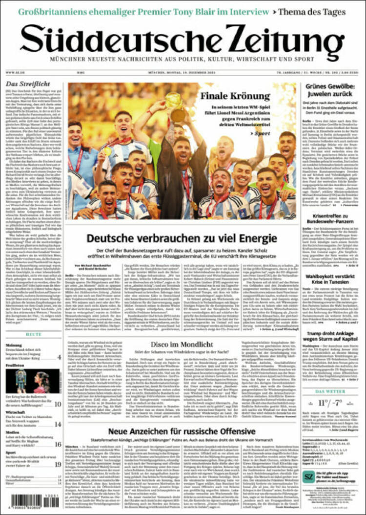 Suddeutsche Zeitung Portada Mundial Qatar 2022 Argentina Leo Messi 19 12 2022