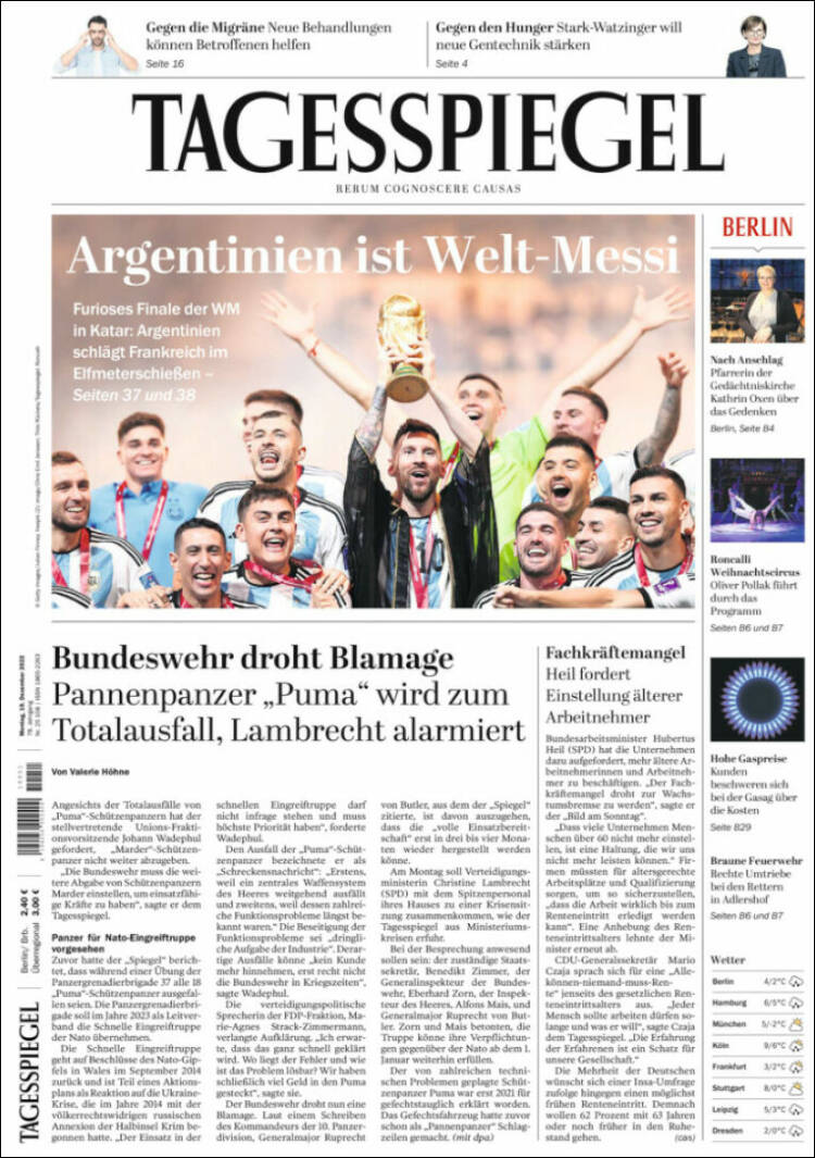 Taggespiegel Portada Mundial Qatar 2022 Argentina Leo Messi 19 12 2022