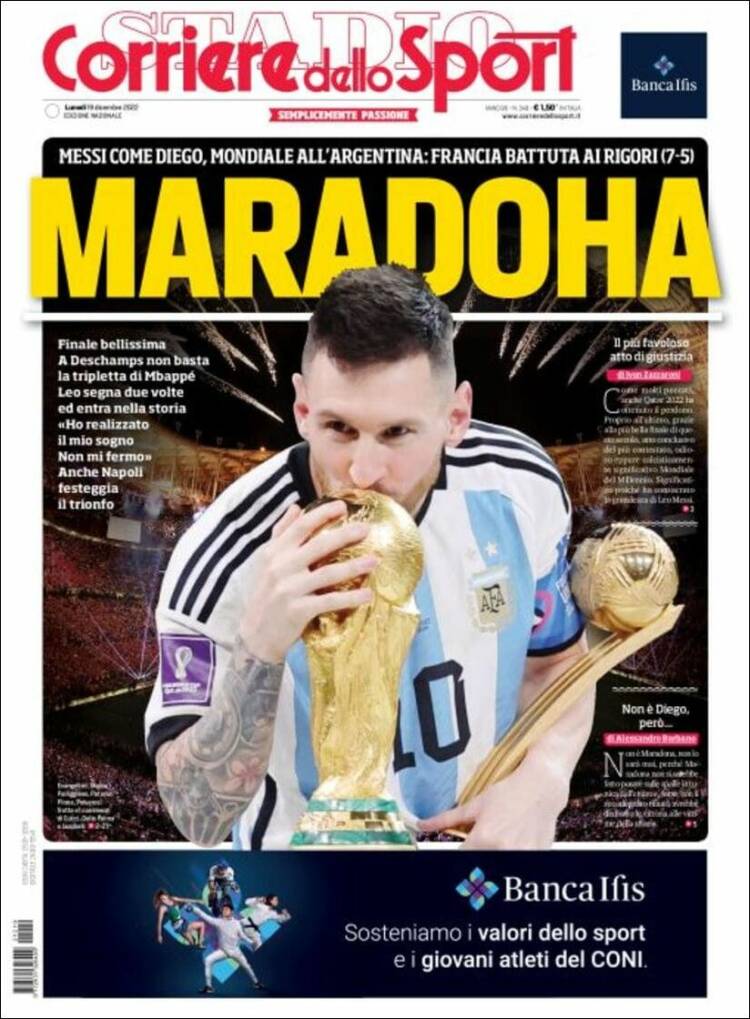 Corriere dello Sport Portada Mundial Qatar 2022 Argentina Leo Messi 19 12 2022