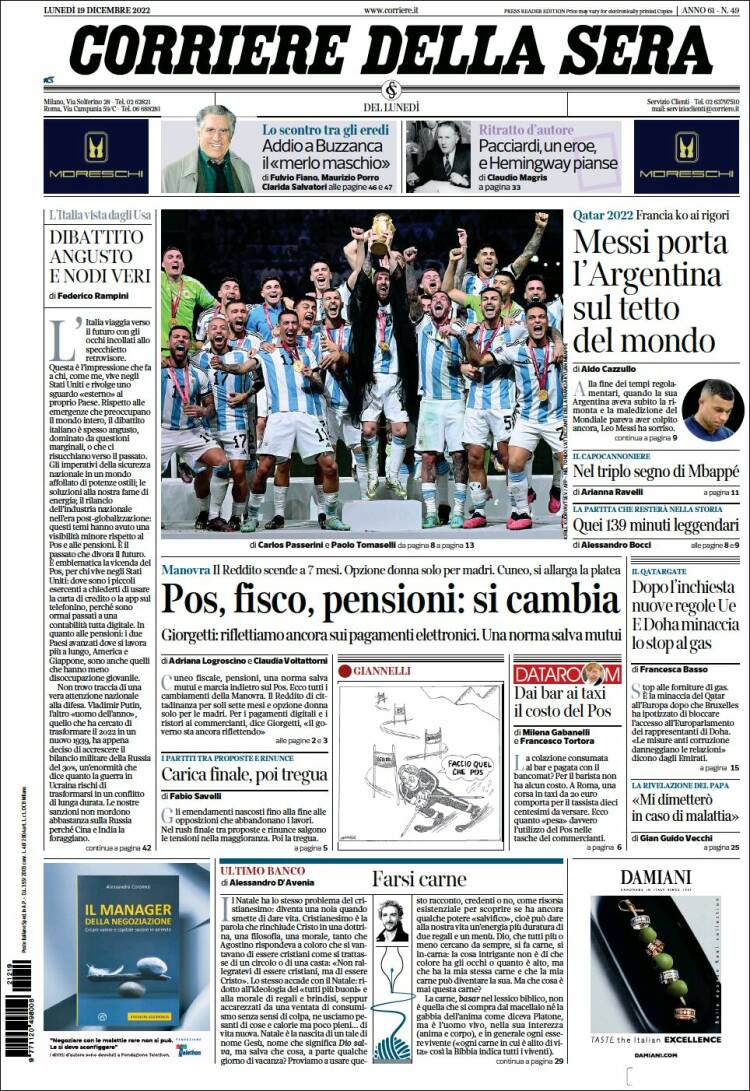 Corriere della Sera Llevada|Traída Mundial Qatar 2022 Argentina Leo Messi 19 12 2022