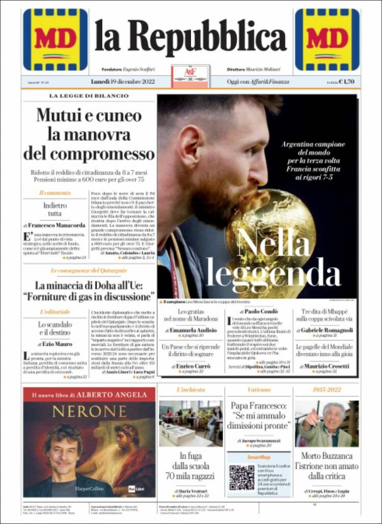 La Reppublica Portada Mundial Qatar 2022 Argentina Leo Messi 19 12 2022