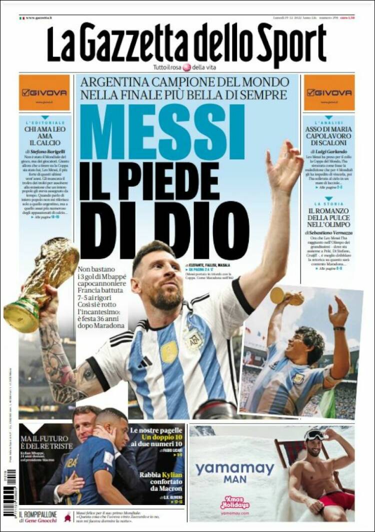 La Gazzetta dello Sport Portada Mundial Qatar 2022 Argentina Leo Messi 19 12 2022