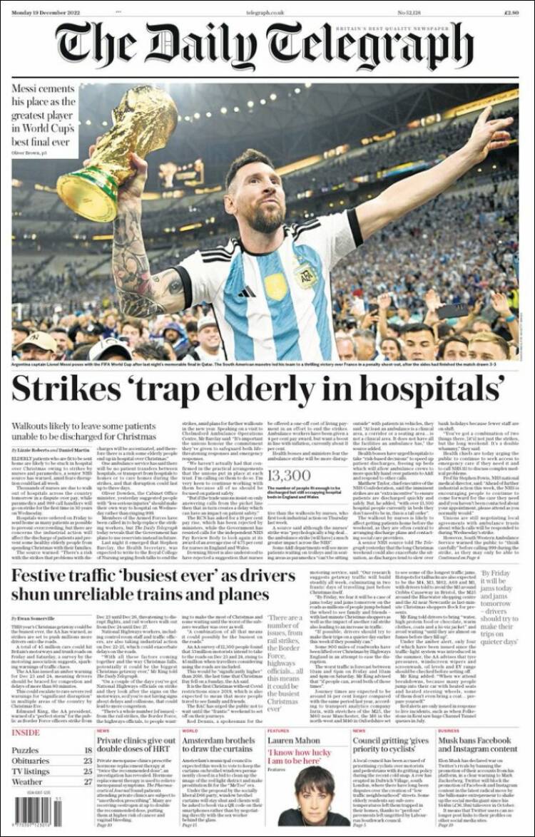 The Daily Telegraph Portada Mundial Qatar 2022 Argentina Leo Messi 19 12 2022