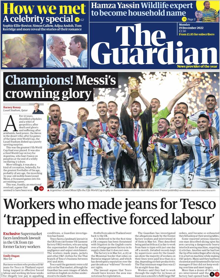 The Guardian Portada Mundial Qatar 2022 Argentina Leo Messi 19 12 2022