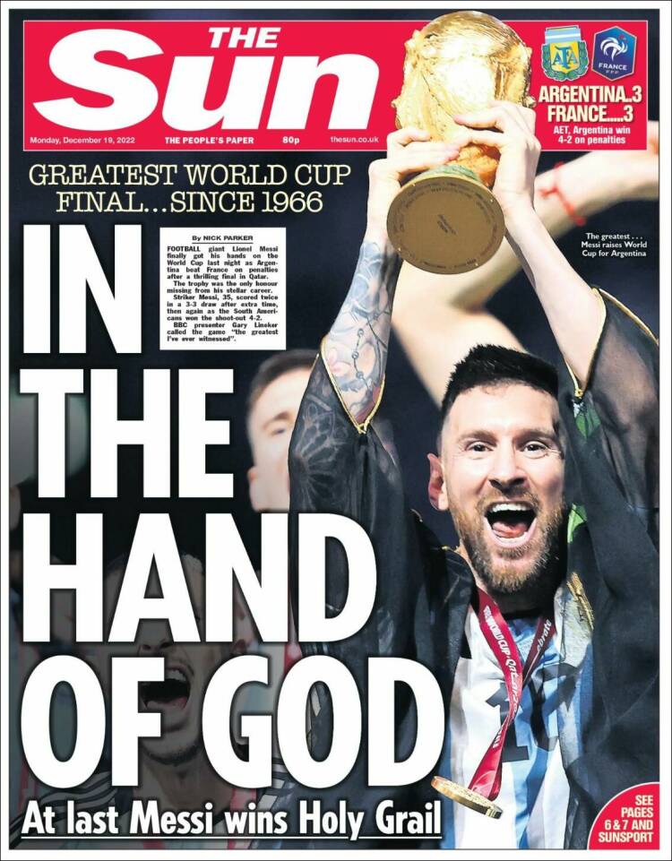 The Sun Portada Mundial Qatar 2022 Argentina Leo Messi 19 12 2022