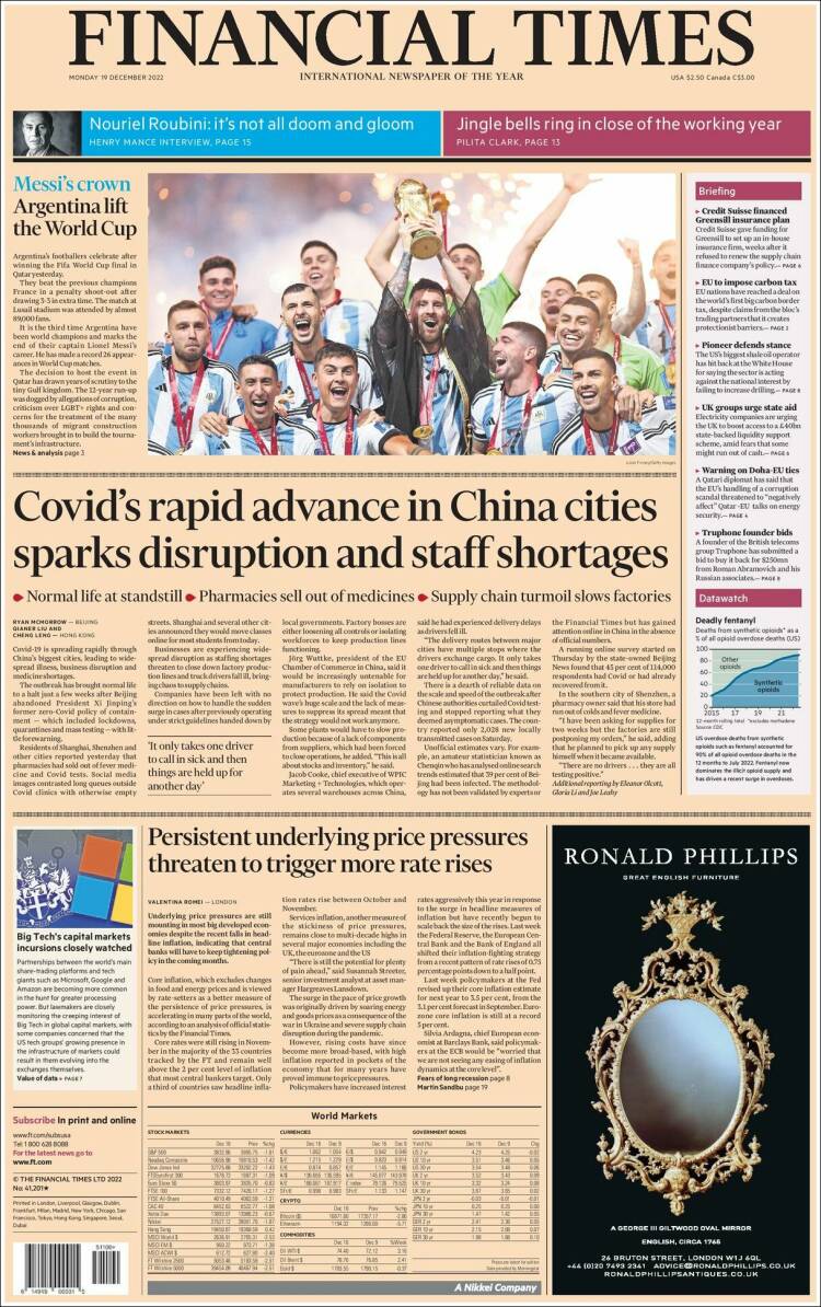 Financial Times Portada Mundial Qatar 2022 Argentina Leo Messi 19 12 2022