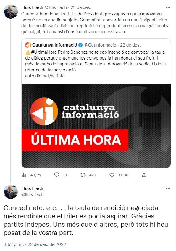 Tuit Lluis Llach critica taula dialeg Tuit Lluis Llach critica taula dialeg