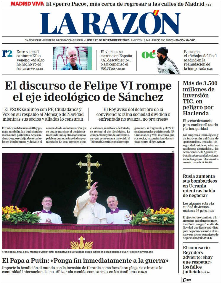 Portada La Razón, 26 de desembre 2022