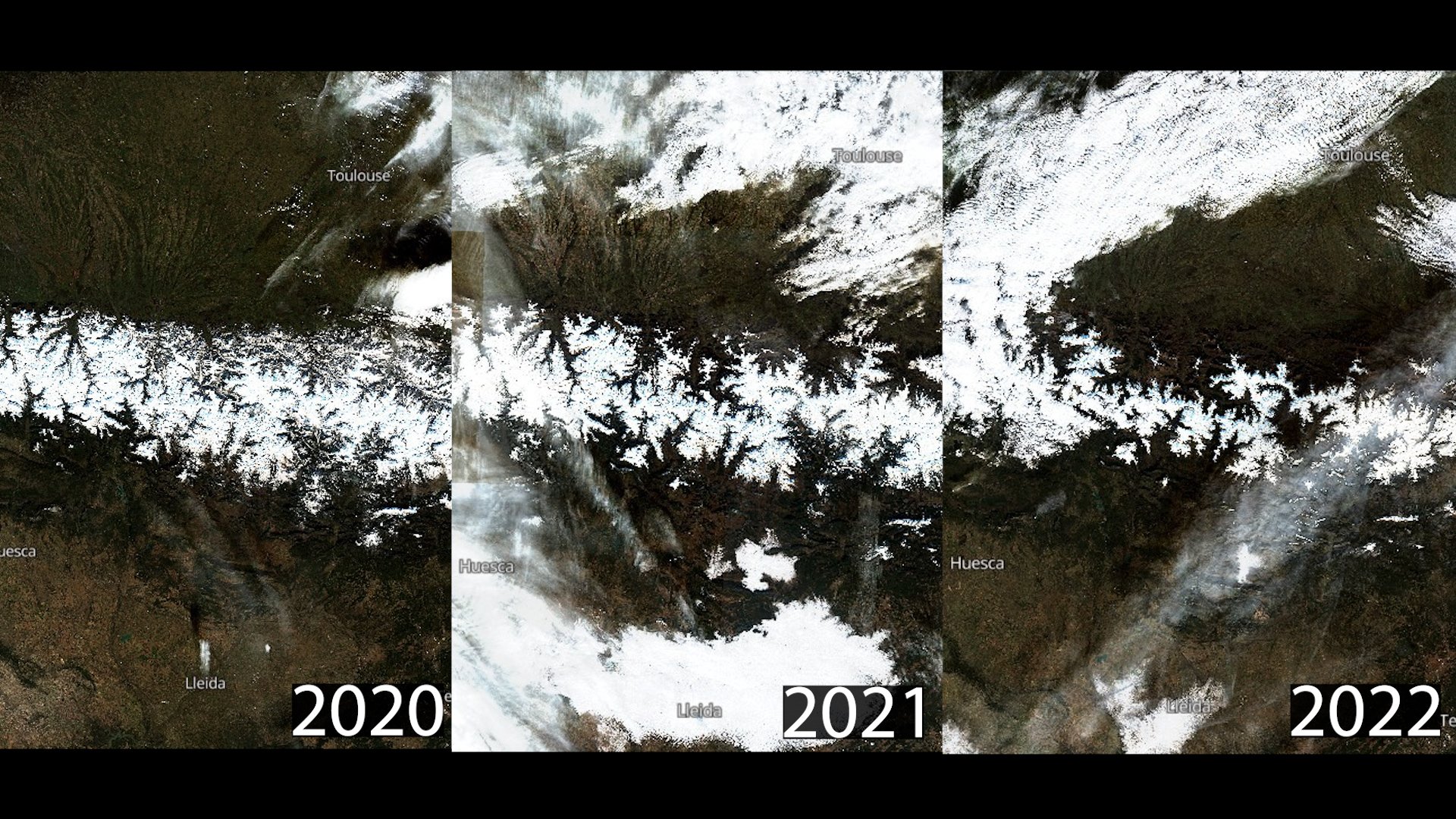 La evolución de la nieve el día de Sant Esteve del 2020, 2021 y 2022 muestra cómo este año es crítico. Falta nieve y agua / Fuente: Sentinel-2