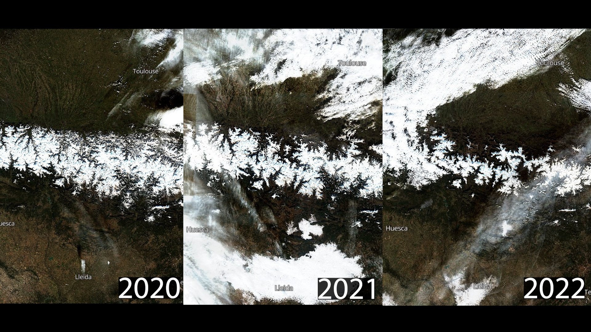 La evolución de la nieve el día de Sant Esteve del 2020, 2021 y 2022 muestra cómo este año es crítico. Falta nieve y agua / Fuente: Sentinel-2 La evolución de la nieve el día de Sant Esteve del 2020, 2021 y 2022 muestra cómo este año es crítico. Falta nieve y agua / Fuente: Sentinel-2