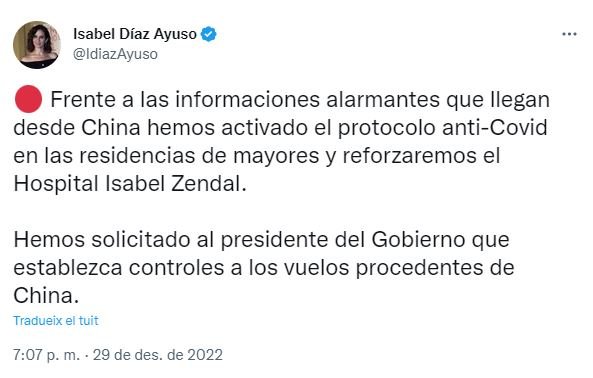 Tuit Isabel Diaz Ayuso mesures covid Tuit Isabel Diaz Ayuso mesures covid