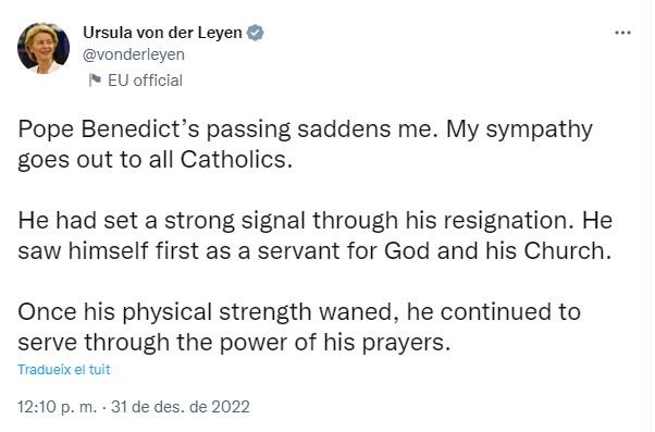Tuit Ursula Von der Leyen Benet XVI Tuit Ursula Von der Leyen Benet XVI