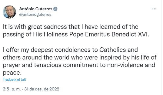 Tuit Antonio Guterres mort papa emerit Benet XVI