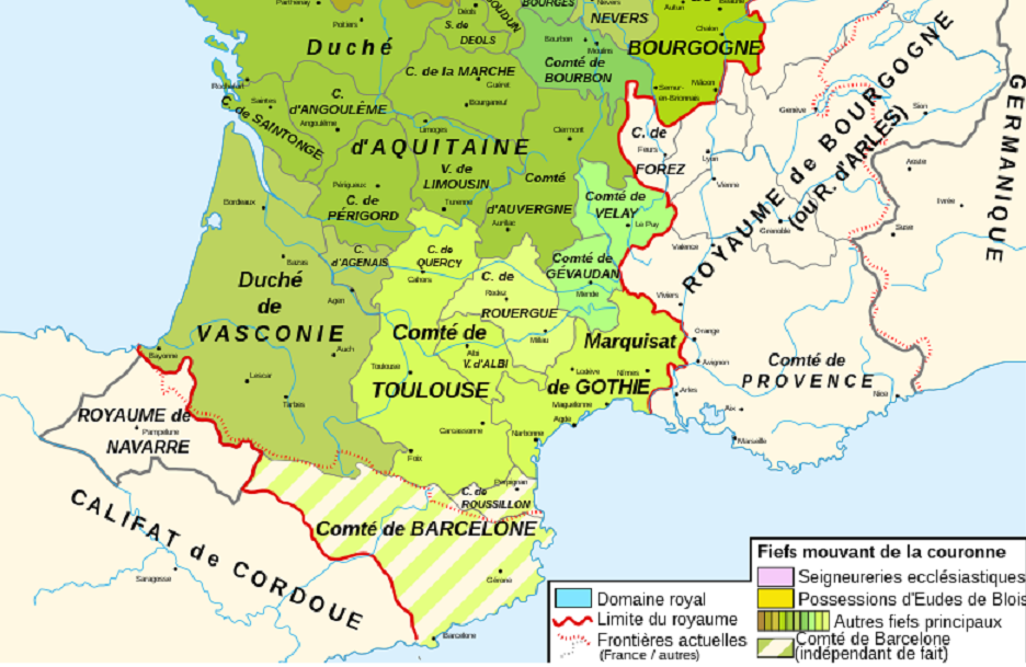 Fragment d'un mapa del regne de França al voltant de l'any 1000. Font Atles Historique de France