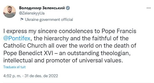Tuit Volodimir zelenski mort papa emeri Benet XVI