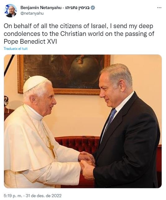 Tuit  benjamin Netanyahu benet XVI