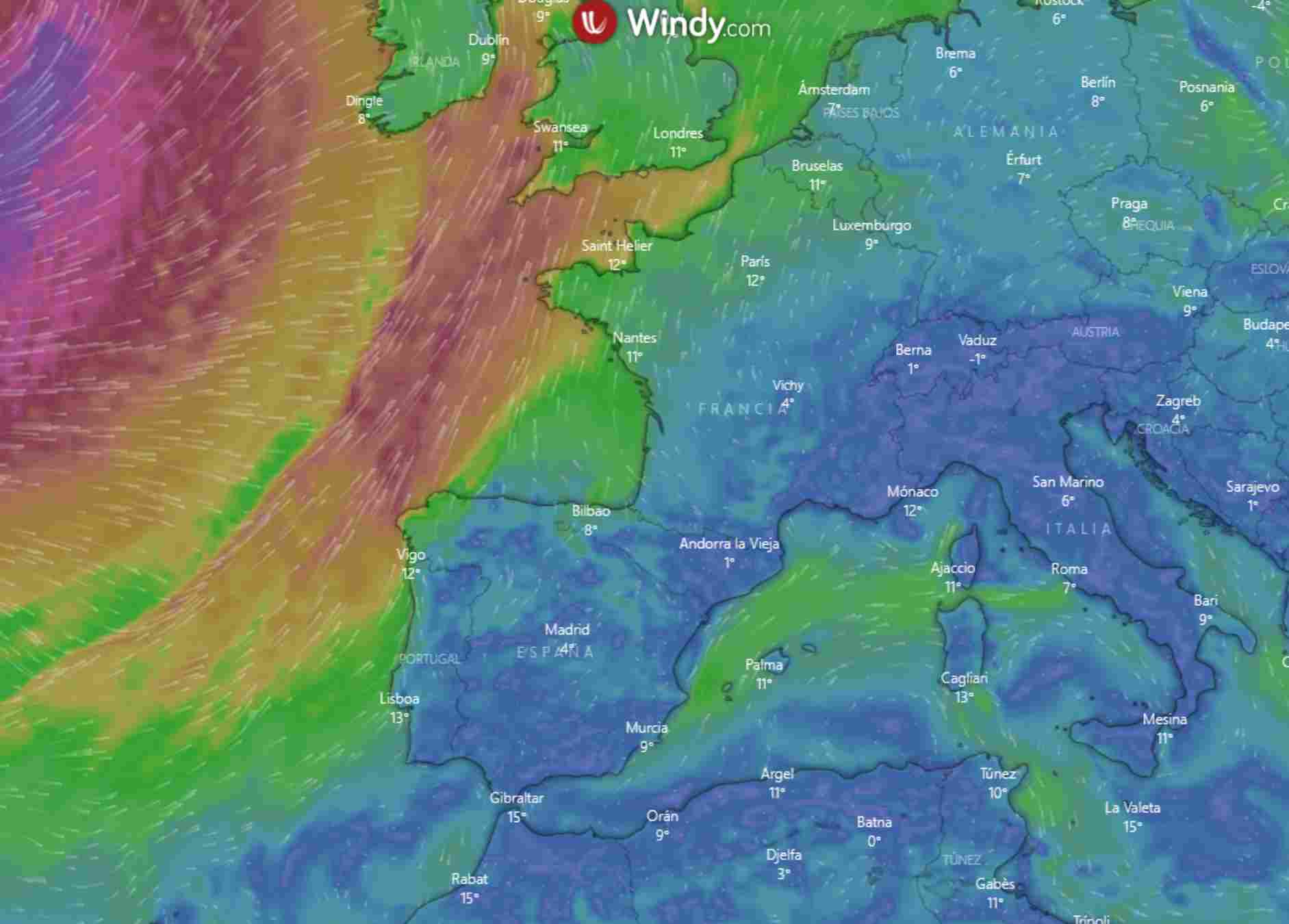 El front anirà entrant pel nord-oest de la Península el dia de Reis / WINDY ECMWF