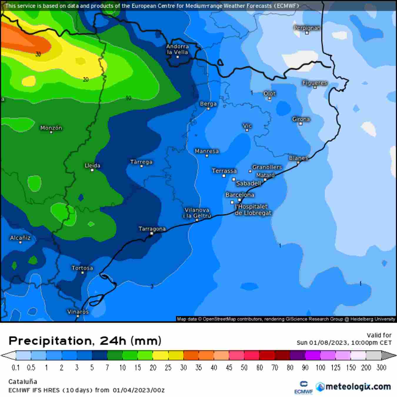 La pluja de diumenge dia 8 caurà a Ponent / www.meteologix.com ECMWF