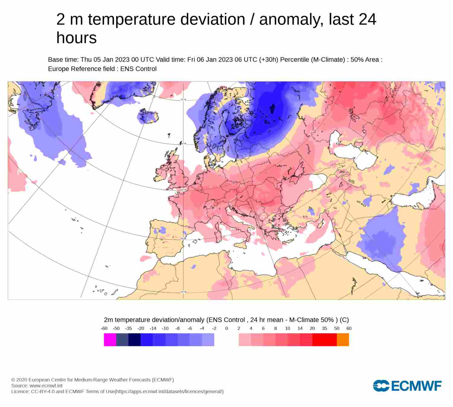 Fa fred, però encara els valors vermells indiquen que encara estem per sobre de la mitjana climàtica: n'hauria de fer més! / ECMWF